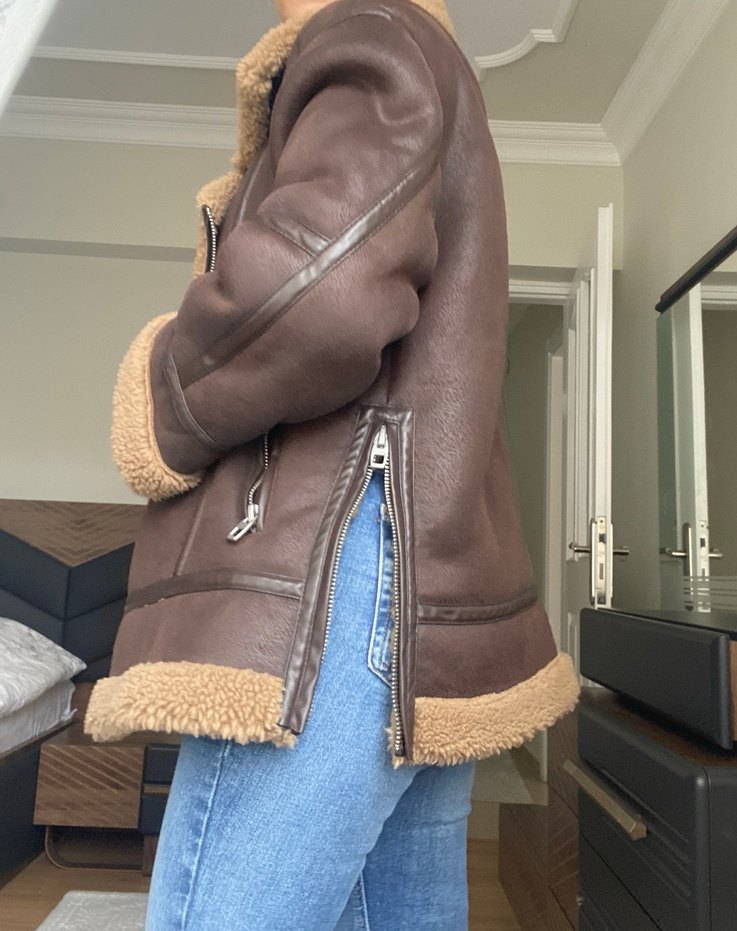 Zara Kürk Detaylı Kahverengi Deri Kadın Ceket - Görsel 2