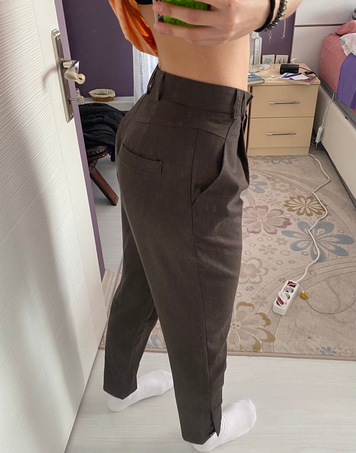 Kadın Kahverengi Salaş Midi Kumaş Pantolon Vintage - Görsel 2