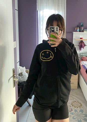 Nirvana Baskılı Siyah Kapüşonlu Sweatshirt Hırka - Görsel 2