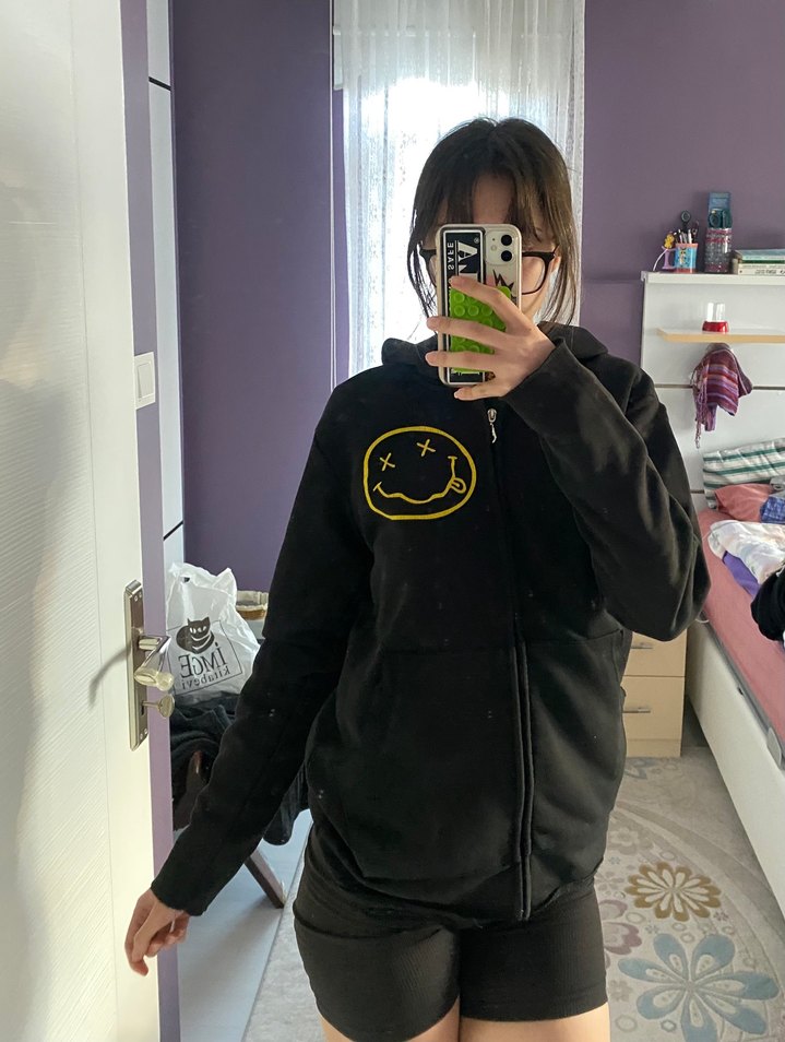 Nirvana Baskılı Siyah Kapüşonlu Sweatshirt Hırka - Görsel 2