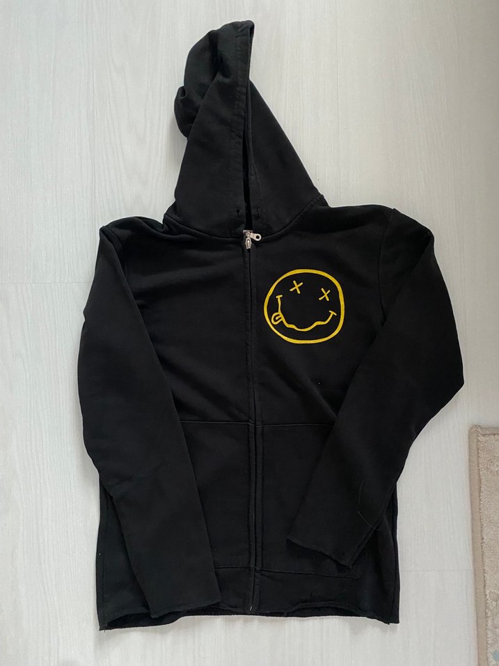 Nirvana Baskılı Siyah Kapüşonlu Sweatshirt Hırka - Görsel 5