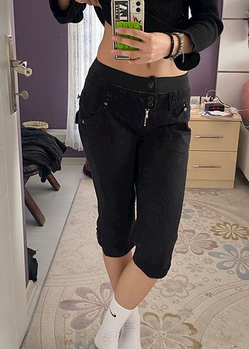 Kadın Siyah Kemerli Kısa Denim Pantolon Kapri Vintage y2k - Görsel 2