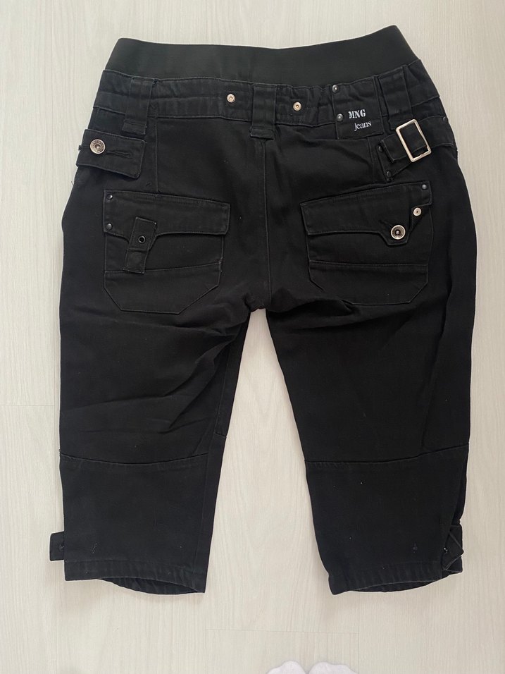 Kadın Siyah Kemerli Kısa Denim Pantolon Kapri Vintage y2k - Görsel 4