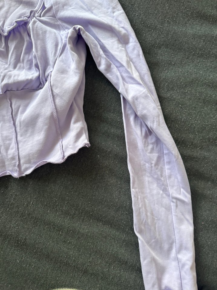 Uzun Kollu Mor V Yaka Keten Bluz - Görsel 3