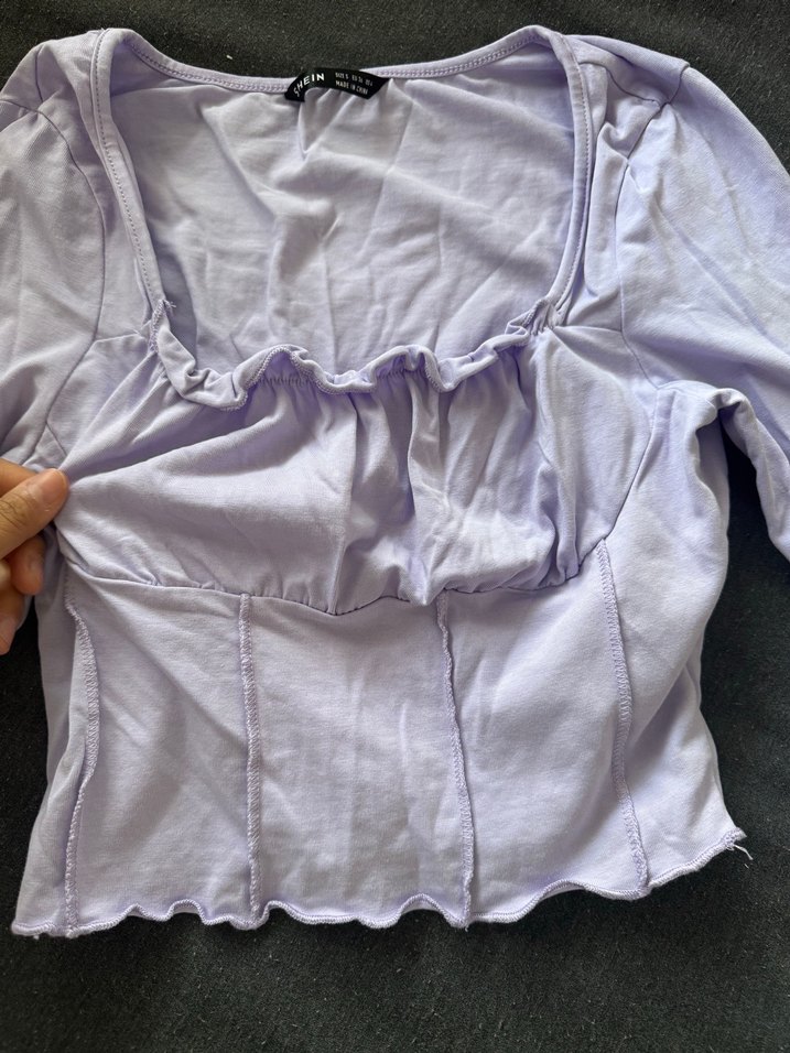 Uzun Kollu Mor V Yaka Keten Bluz - Görsel 2