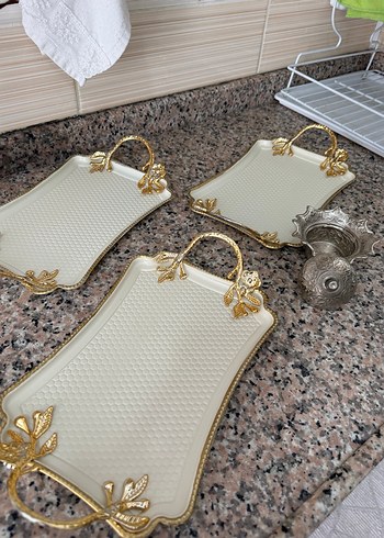  Beden Altın Detaylı Beyaz Mutfak Tepsisi Seti