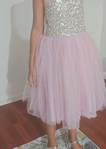 Barbie Pembe Simli Straplez Kız Elbisesi