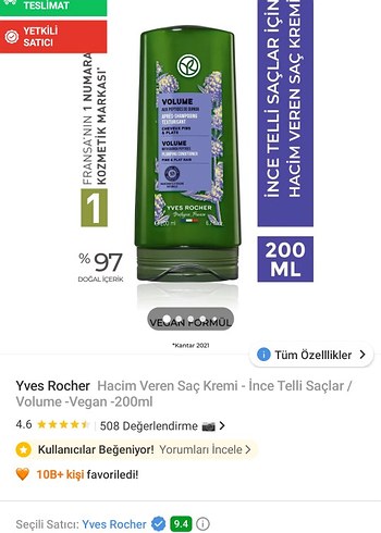  Beden Renk Yves Rocher Volume Saç Kremi 200 ml