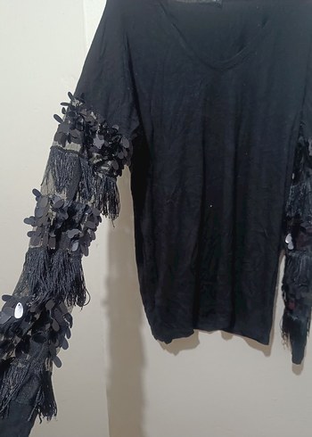 Örgü Detaylı Siyah Uzun Kollu Kadın Bluz - Görsel 2