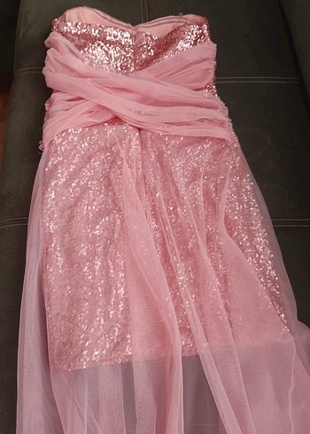 Pembe Uzun Drapeli Abiye Elbise - Görsel 5