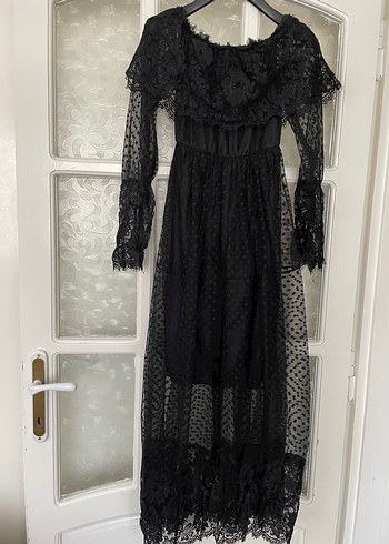 Diğer Uzun Kollu Siyah Dantelli Gotik Elbise