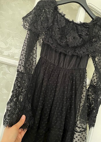 Uzun Kollu Siyah Dantelli Gotik Elbise