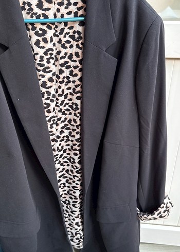 52 Beden Leopar Desenli Siyah Kadın Blazer Ceket