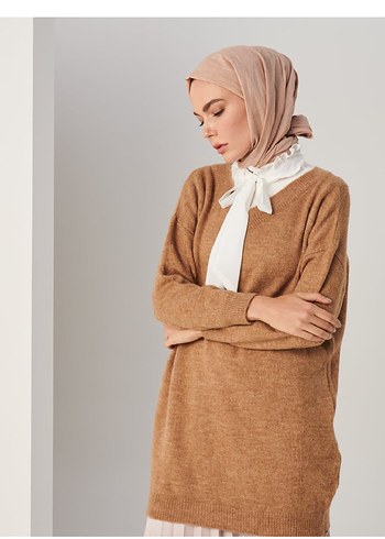 -satıldı -Bej Kadın Triko Midi Tunik - Görsel 3