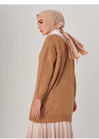 -satıldı -Bej Kadın Triko Midi Tunik - Görsel 4