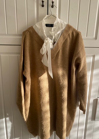 -satıldı -Bej Kadın Triko Midi Tunik - Görsel 5