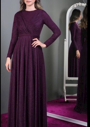 Mürdüm Drapeli Uzun Abiye Elbise - Görsel 2