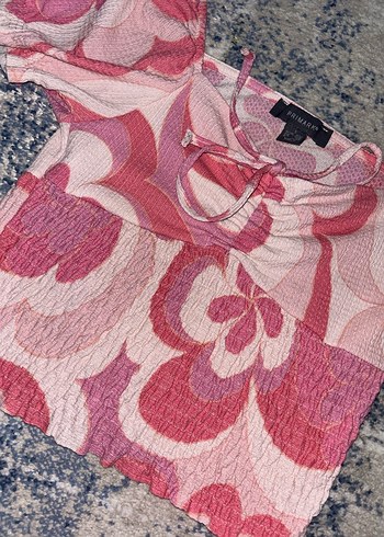 Pembe Bağlama Detaylı Bohem Mini Bluz