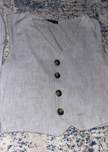 m Beden Gri Keten Düğmeli Bol Kesim Midi Kadın Pantolon ve bluz takım