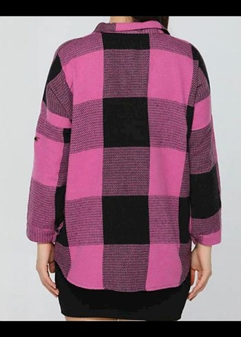 Düğmeli Pembe Siyah Ekose Salaş Kadın Gömlek - Görsel 3
