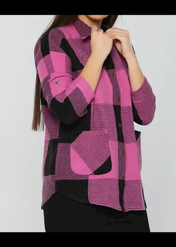 Düğmeli Pembe Siyah Ekose Salaş Kadın Gömlek - Görsel 2