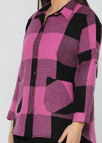 Düğmeli Pembe Siyah Ekose Salaş Kadın Gömlek - Görsel 4