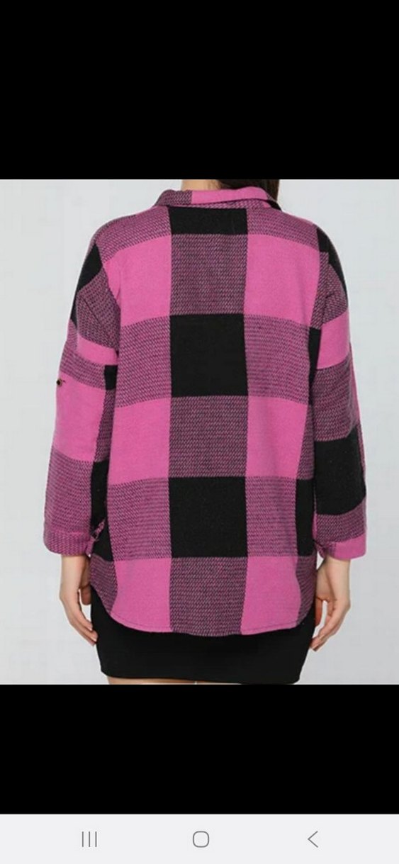 Düğmeli Pembe Siyah Ekose Salaş Kadın Gömlek - Görsel 3