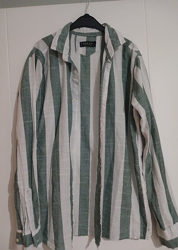 Erkek Yeşil Gri Çizgili Keten Gömlek - Görsel 2