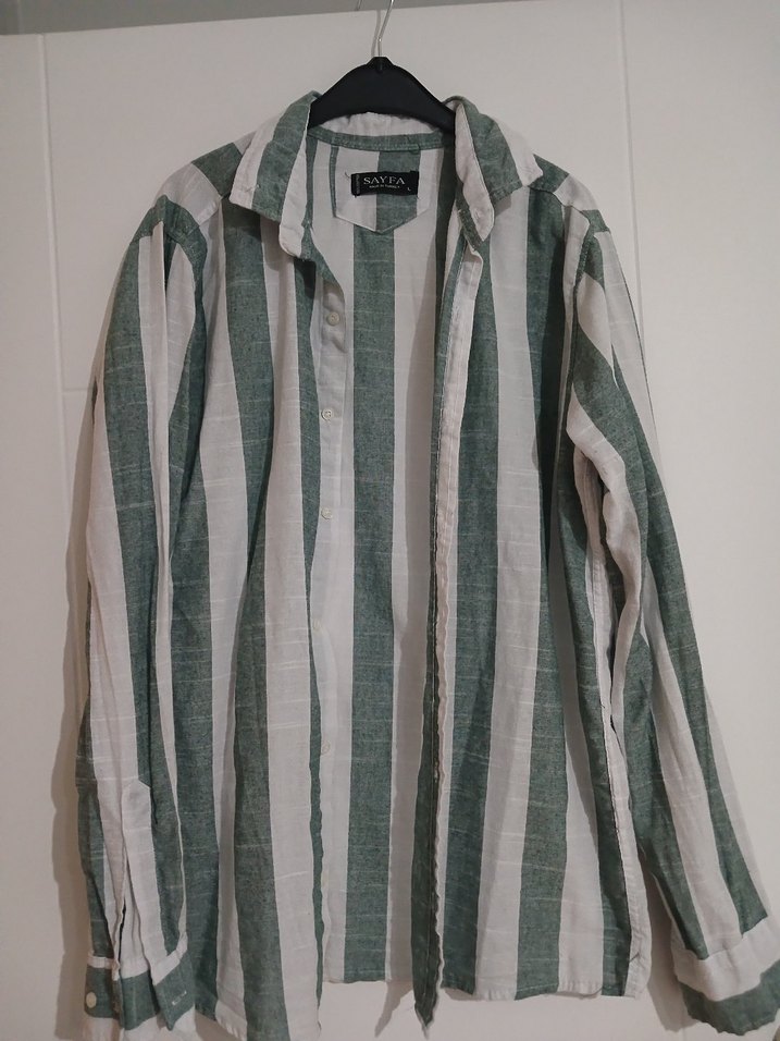 Erkek Yeşil Gri Çizgili Keten Gömlek - Görsel 2