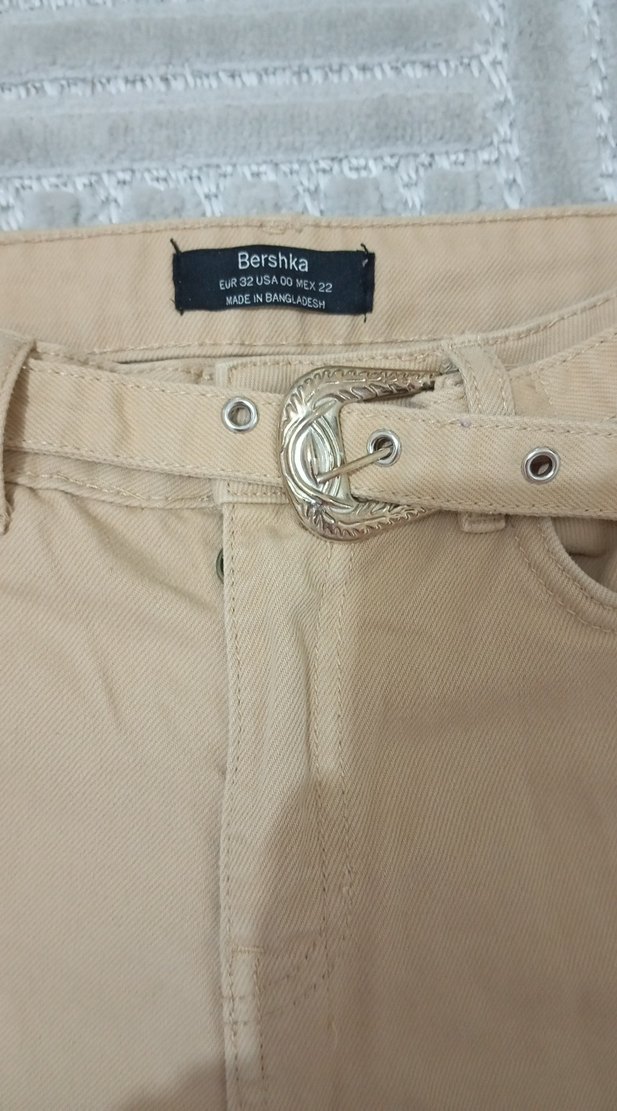 Bej Pamuklu Kemerli Kadın Kumaş Pantolon - Görsel 2