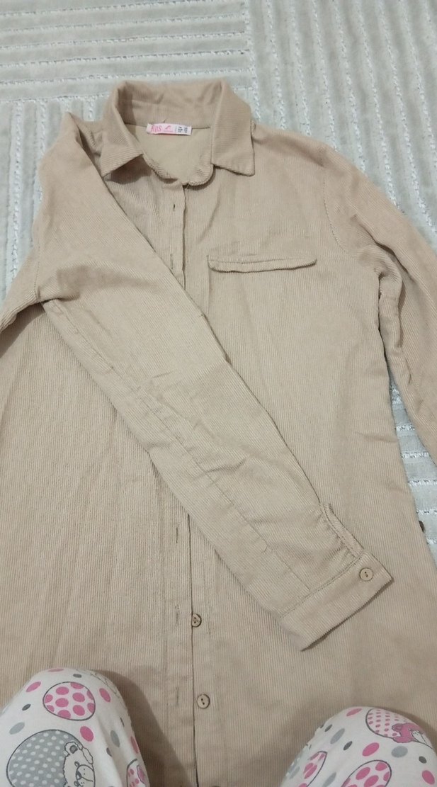 Bej Uzun Kollu Keten Kadın Gömlek - Görsel 2