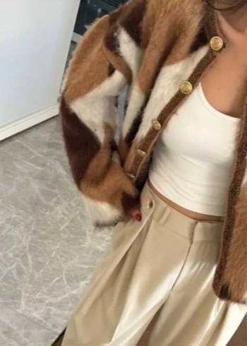 Kahverengi Bağlama Desenli Kadın Peluş Mont - Görsel 3