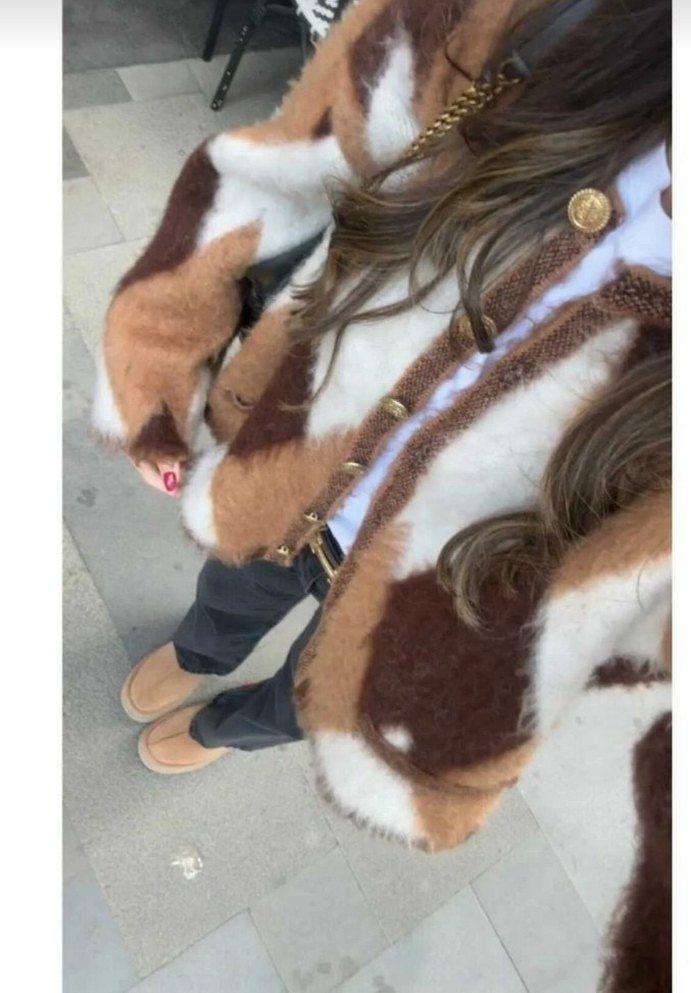 Kahverengi Bağlama Desenli Kadın Peluş Mont - Görsel 2