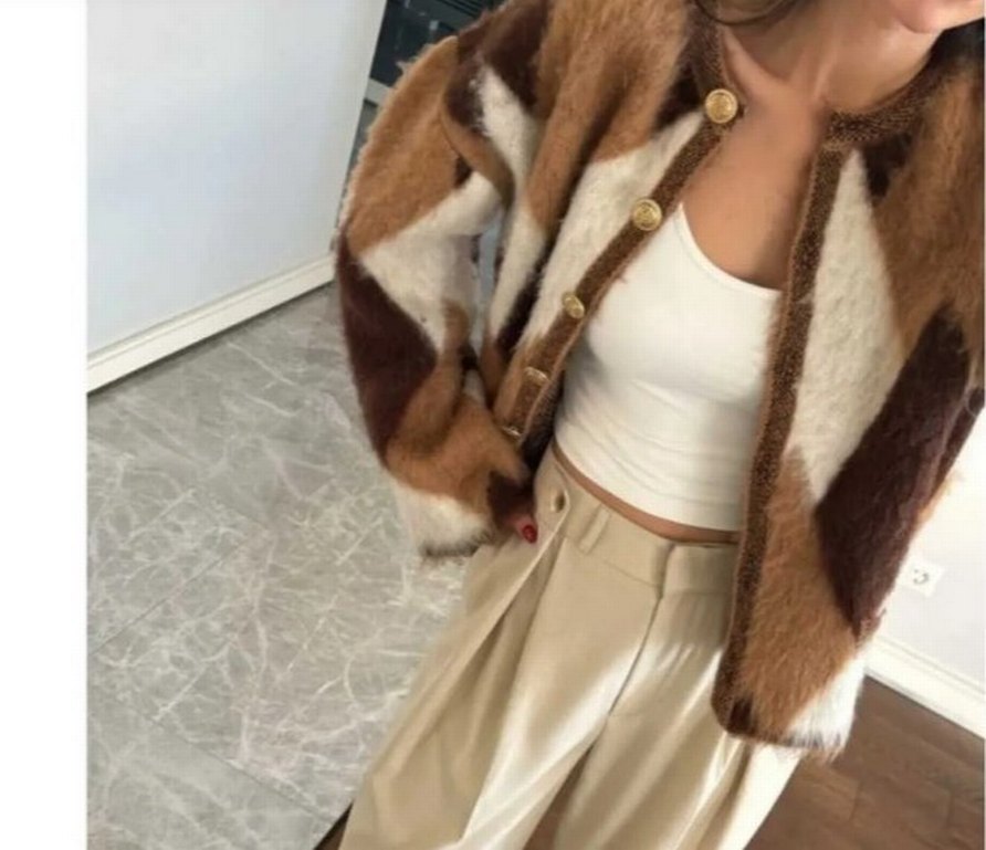 Kahverengi Bağlama Desenli Kadın Peluş Mont - Görsel 3