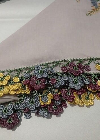 Cenk   pudra renk çiçekli fıstık oyalı yazma - Görsel 4