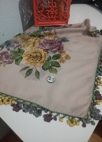 Cenk   pudra renk çiçekli fıstık oyalı yazma - Görsel 6