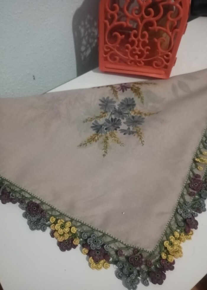 Cenk   pudra renk çiçekli fıstık oyalı yazma - Görsel 2