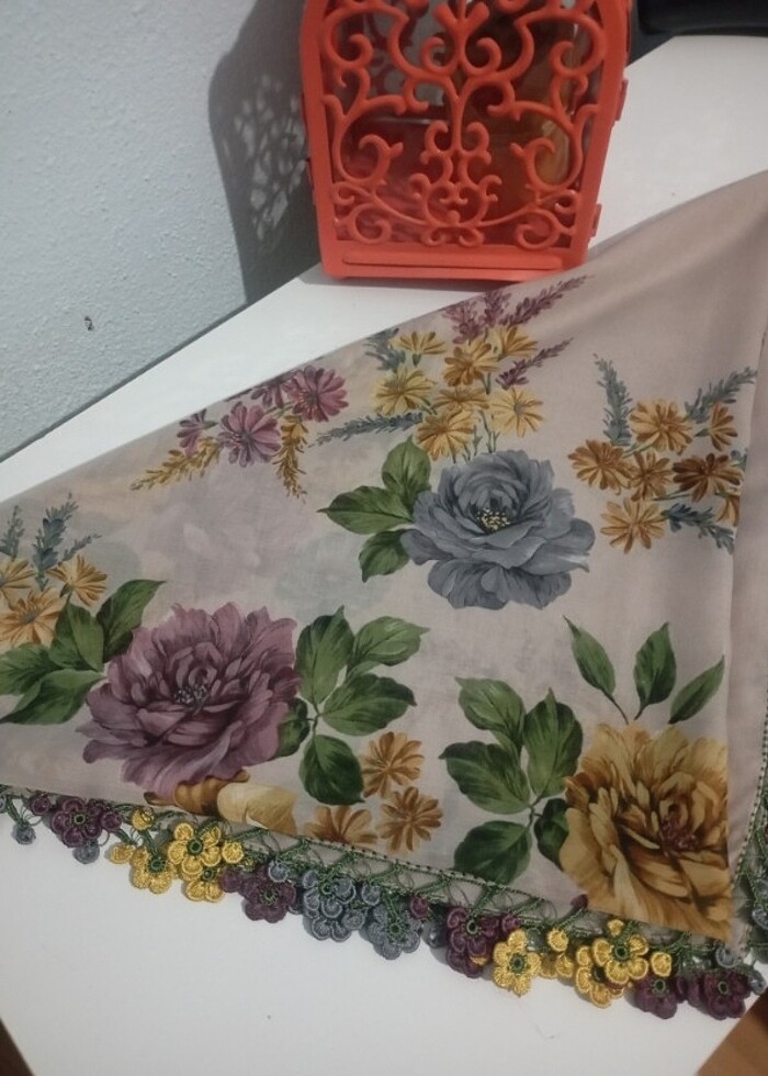 Cenk   pudra renk çiçekli fıstık oyalı yazma - Görsel 3