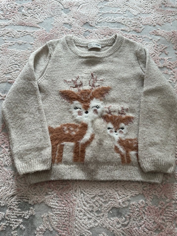 Kız Çocuk Bej Nakışlı Triko Kazak - Görsel 3