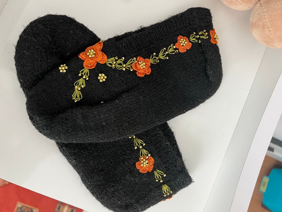 Nakışlı Siyah Bohem Örgü Eldiven - Görsel 3