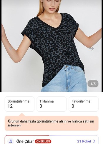 Siyah Leopar Desenli V Yaka Denim Bluz
