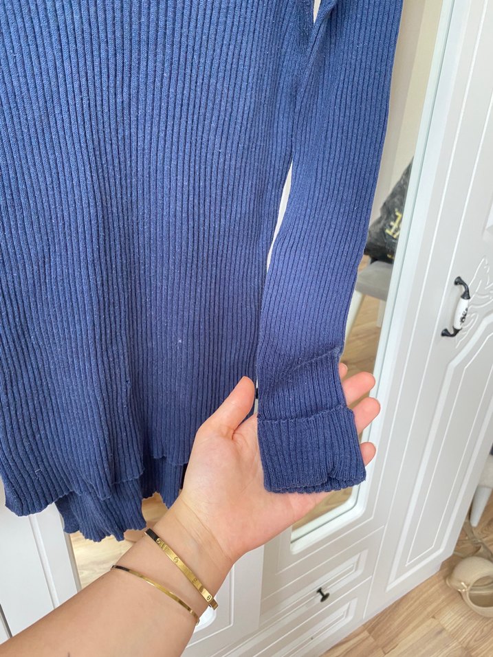 V Yaka Lacivert Kadın Triko Kazak - Görsel 4