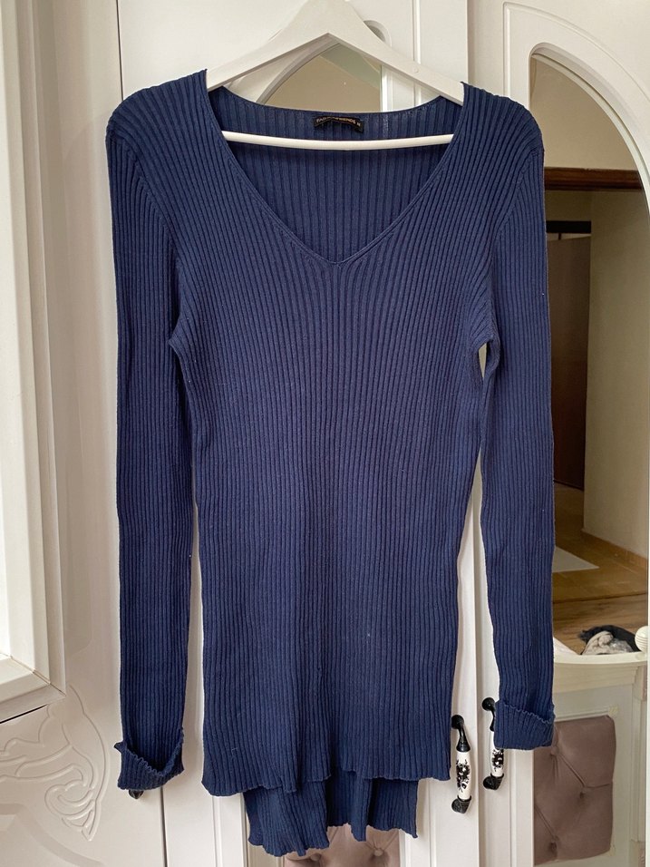 V Yaka Lacivert Kadın Triko Kazak - Görsel 2