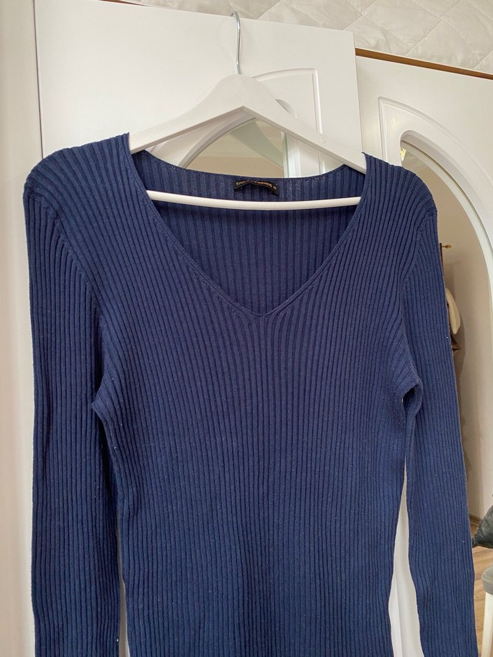 V Yaka Lacivert Kadın Triko Kazak - Görsel 3