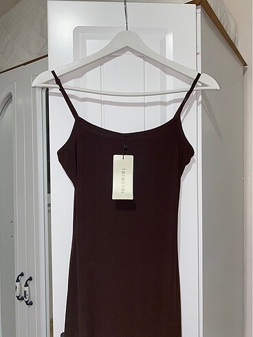 Kahverengi askılı elbise kalem elbise - Görsel 10