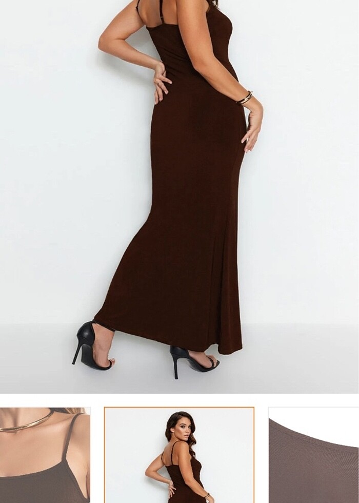 Kahverengi askılı elbise kalem elbise - Görsel 2