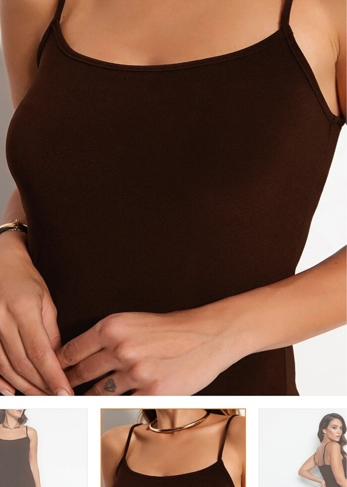 Kahverengi askılı elbise kalem elbise - Görsel 4