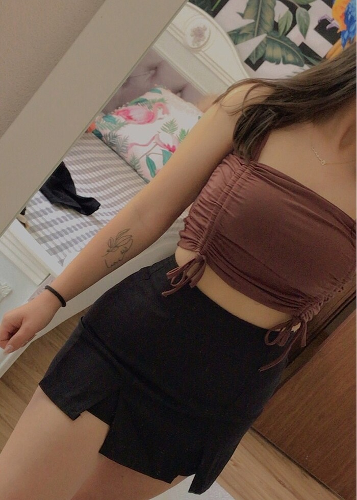 Kahverengi askılı büstiyer bluz - Görsel 5