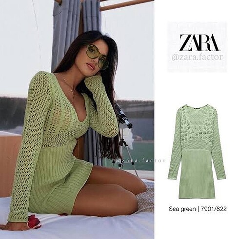 Zara Zara Yeşil Şönil Elbise
