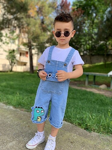 5 Yaş Beden mavi Renk Erkek çocuk kot tulum ve badi seti